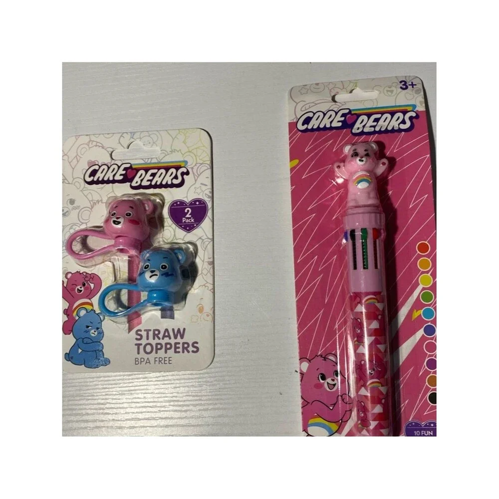 Care Bears Straw Toppers 2 Pack Pink Blue & 10 Color Rainbow Pen Lot Set NIP